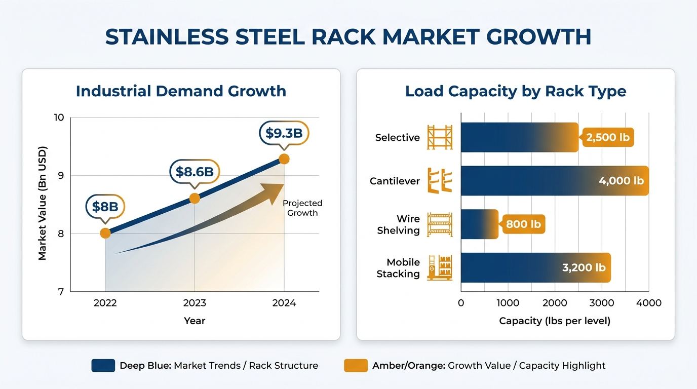 Infographic comparing stainless steel rack market growth and load capacity by rack type