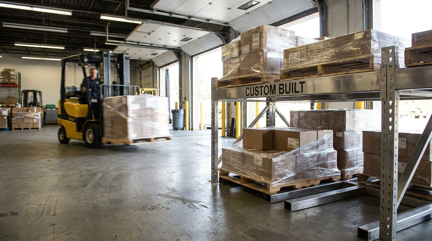 Stainless steel storage rack at a loading dock with CUSTOM BUILT printed on the beam
