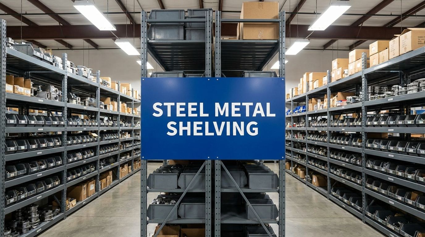 Steel metal shelving in a large industrial warehouse facility
