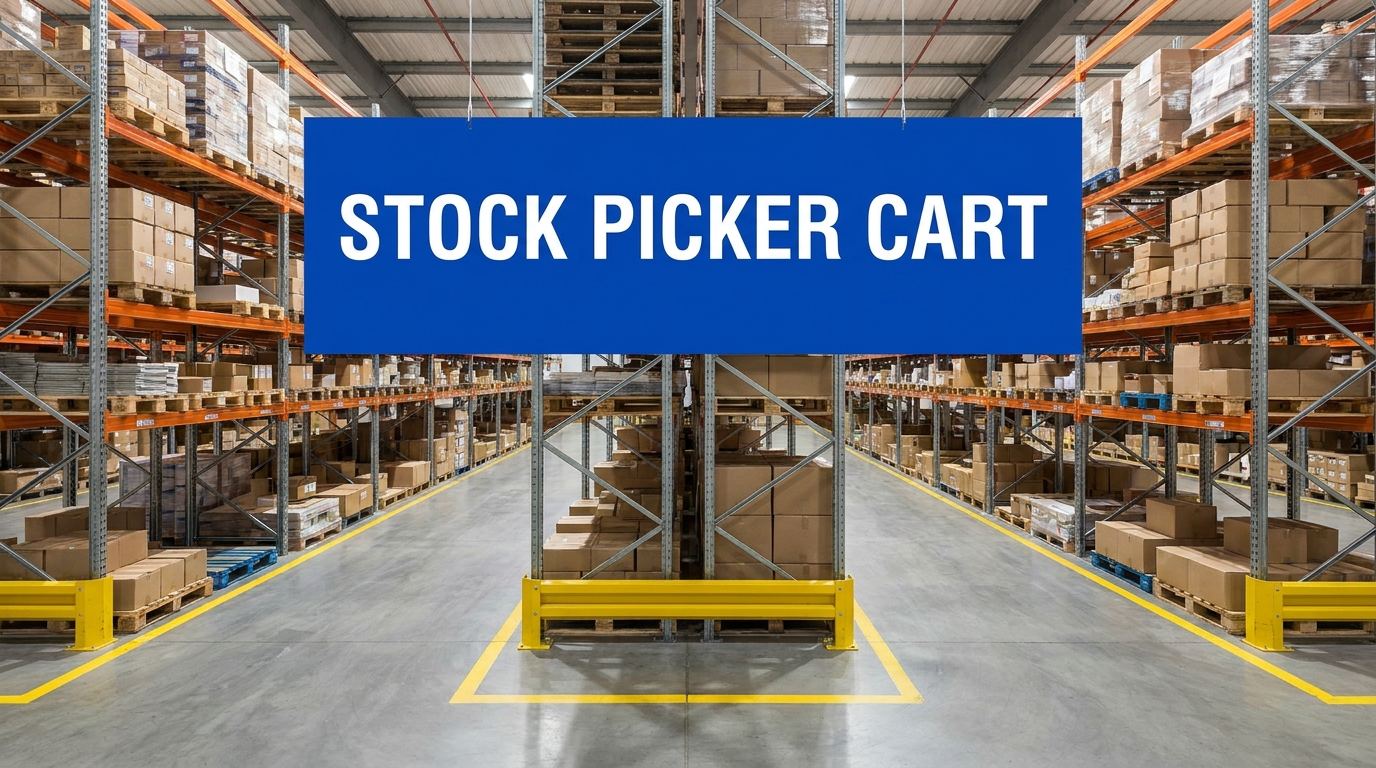Stock picker cart sign displayed in a warehouse interior