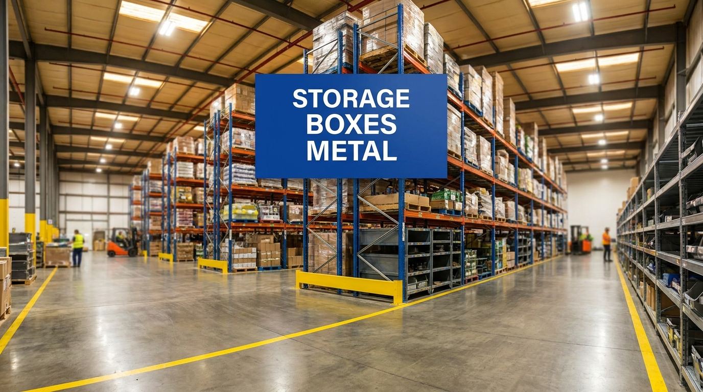Storage boxes metal sign in warehouse with industrial racking in background