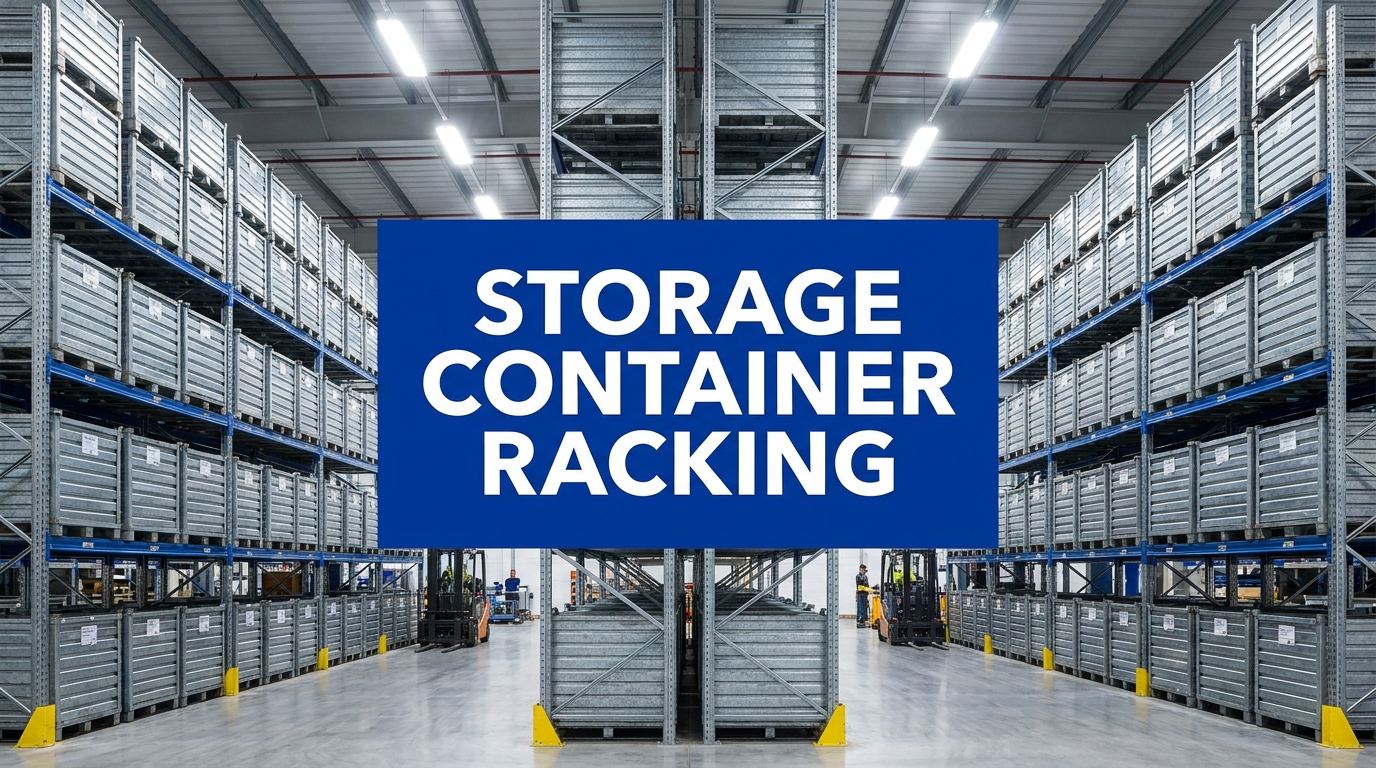 Storage container racking systems in a large industrial warehouse facility