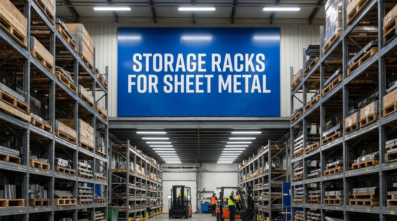 Storage racks for sheet metal in an industrial warehouse facility