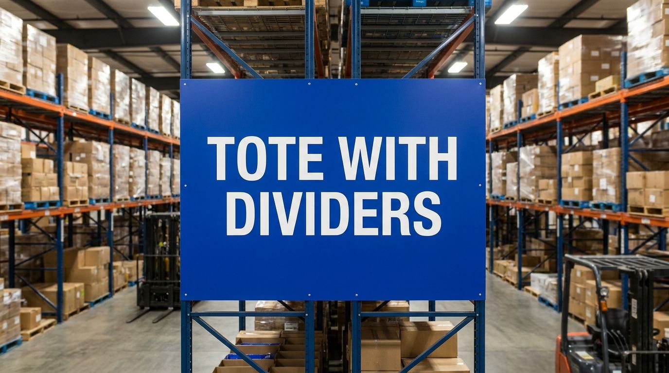 Warehouse sign reading tote with dividers above industrial storage racks