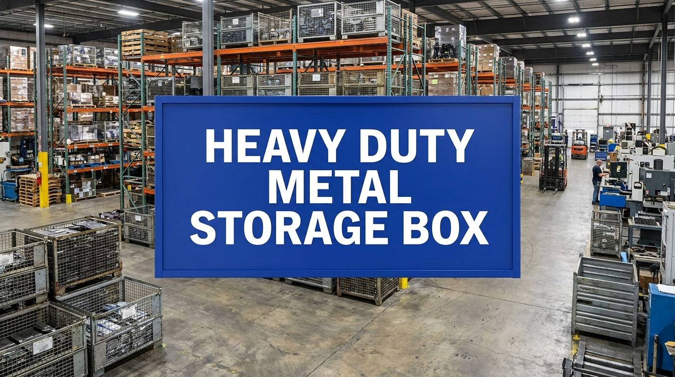 Heavy duty metal storage box sign in a warehouse setting