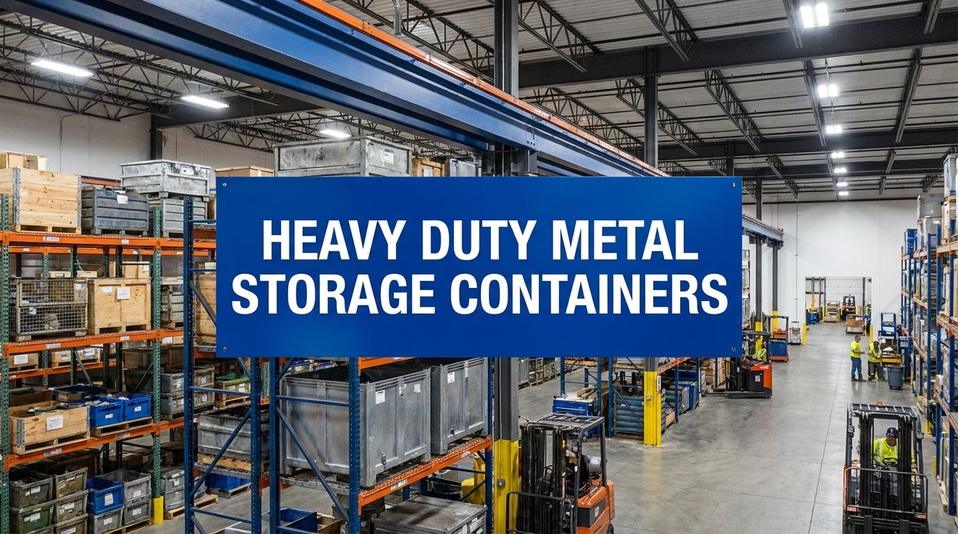 Heavy duty metal storage containers in a manufacturing warehouse facility