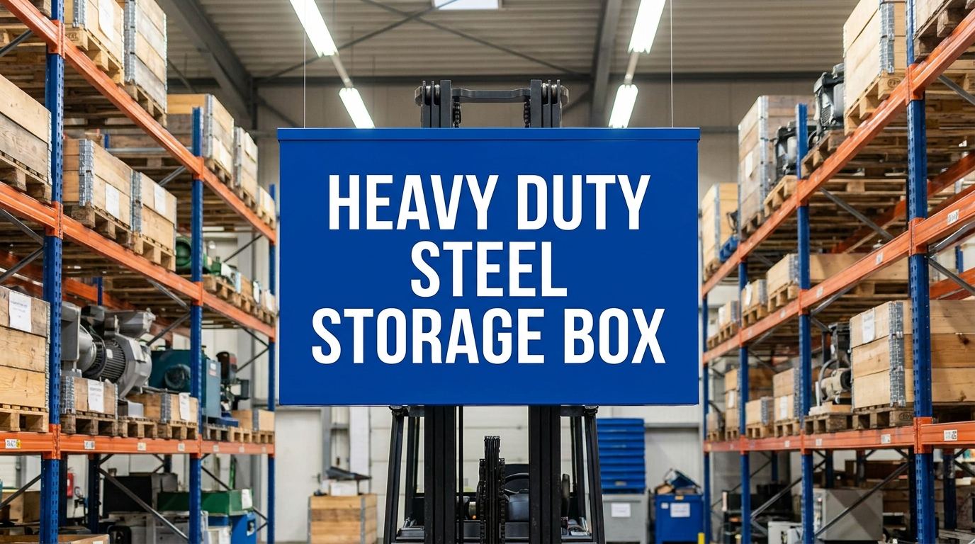 Heavy duty steel storage box signage in a warehouse setting
