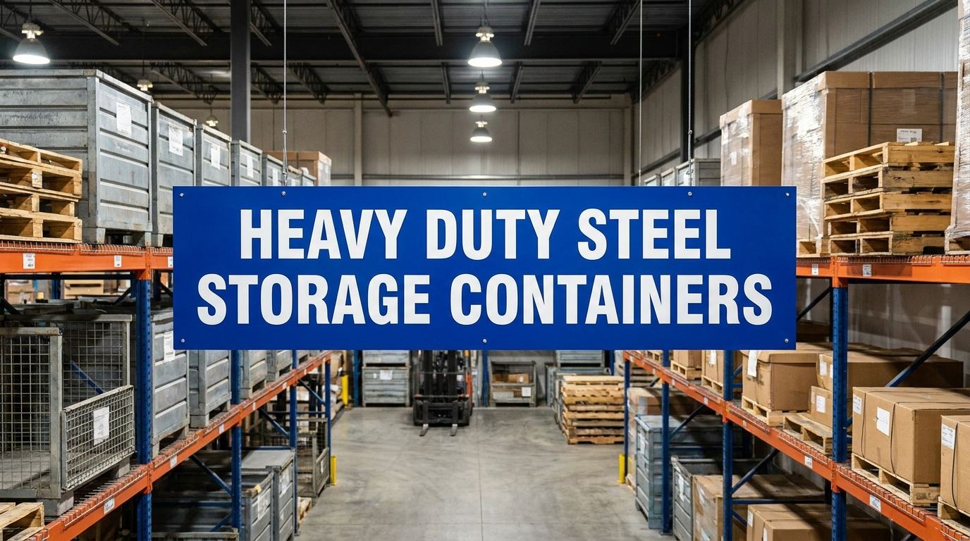 Heavy duty steel storage containers in an industrial warehouse setting