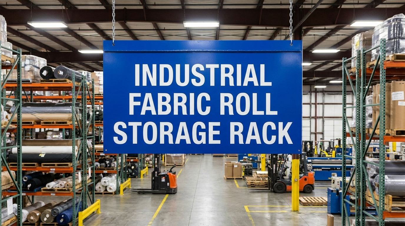 Industrial fabric roll storage rack sign in warehouse setting