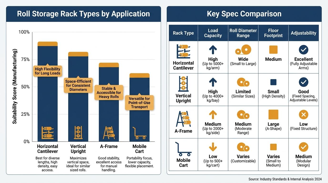 Infographic comparing industrial fabric roll storage rack configurations and key selection factors