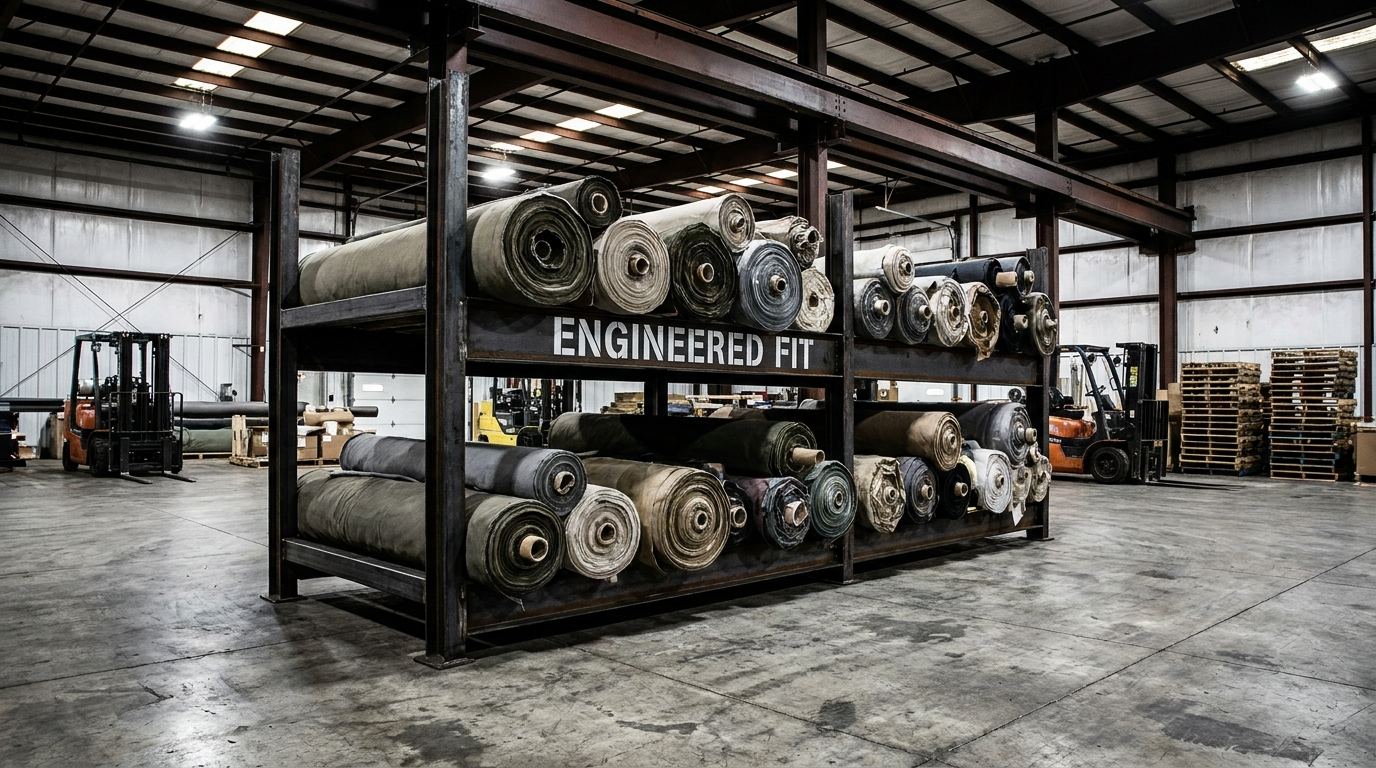 Custom steel fabric roll storage rack with engineered cradle fixtures on concrete warehouse floor, ENGINEERED FIT printed on frame