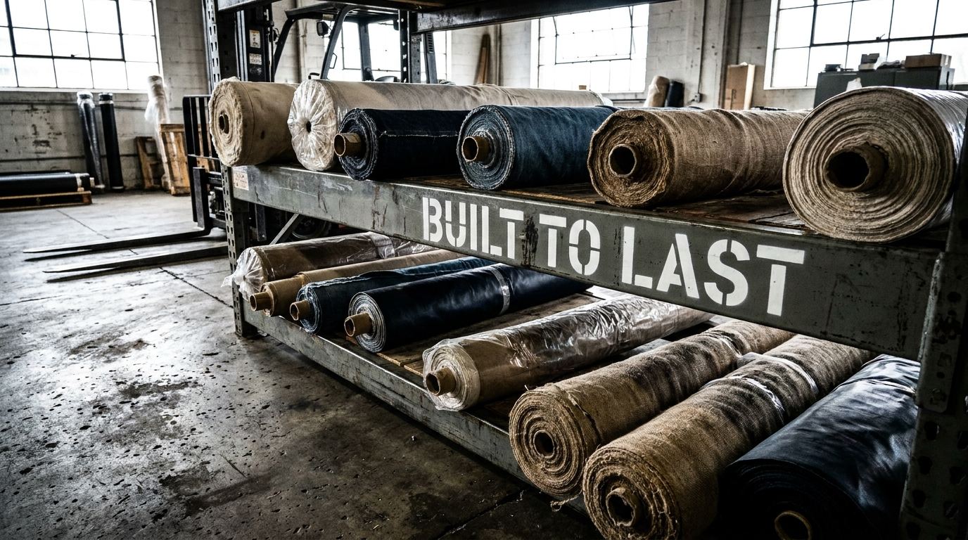 Stacked custom steel fabric roll storage racks on concrete floor with BUILT TO LAST printed on frame, showing stacking pins and fork-entry base