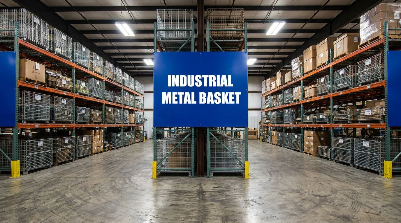 Industrial metal basket sign displayed in a warehouse with storage shelving in the background