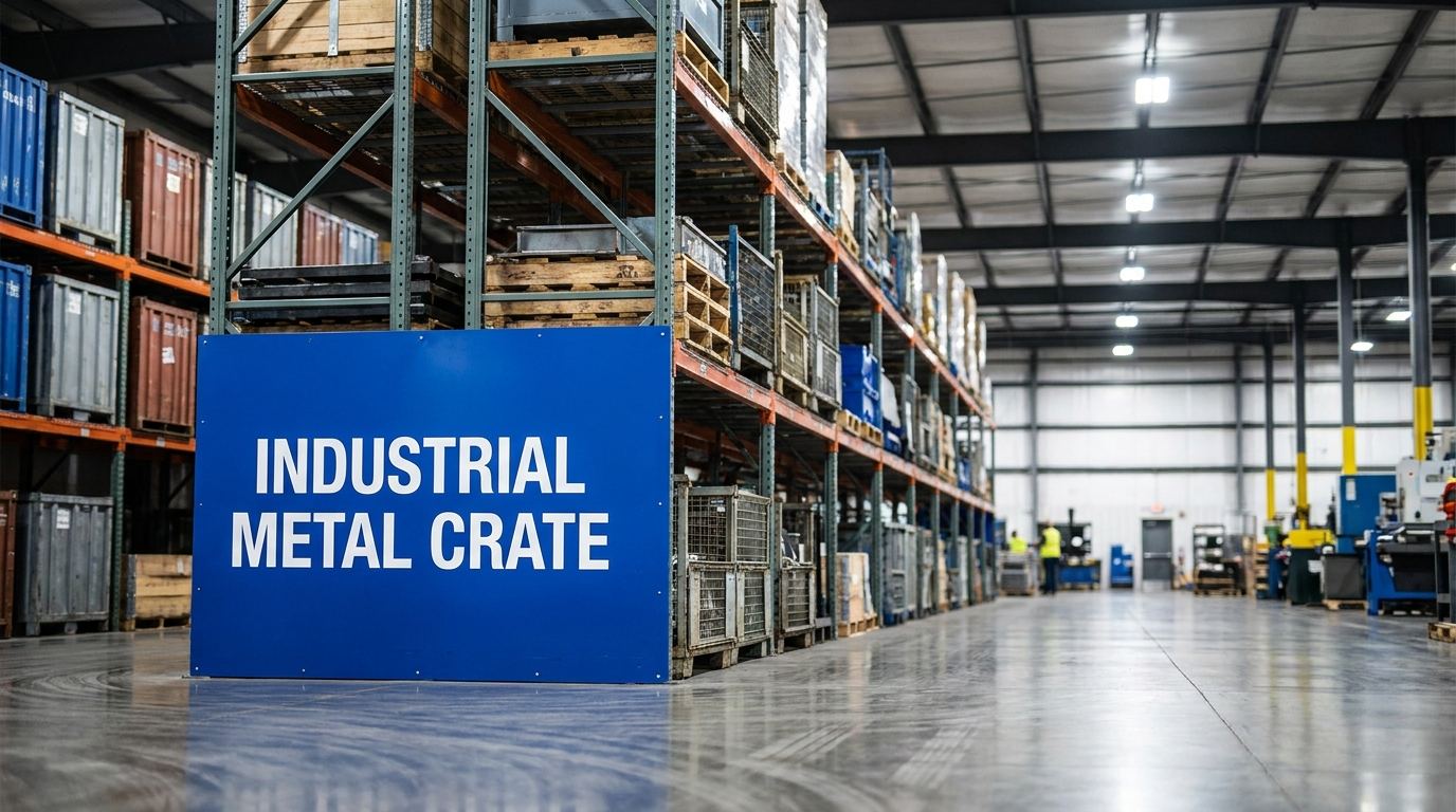 Industrial metal crate sign in a manufacturing warehouse facility