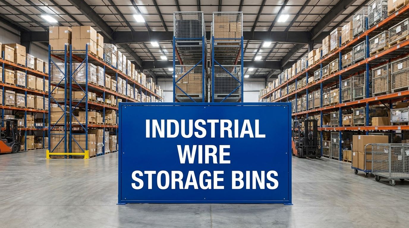 Industrial wire storage bins sign in a warehouse setting