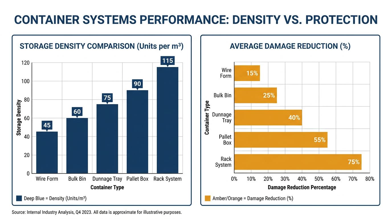 Infographic comparing manufacturing storage solution types by storage density and damage reduction rates
