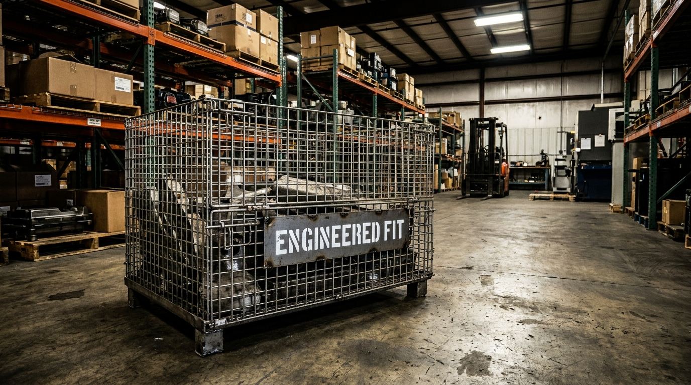 Custom wire form container with engineered fit label on warehouse concrete floor