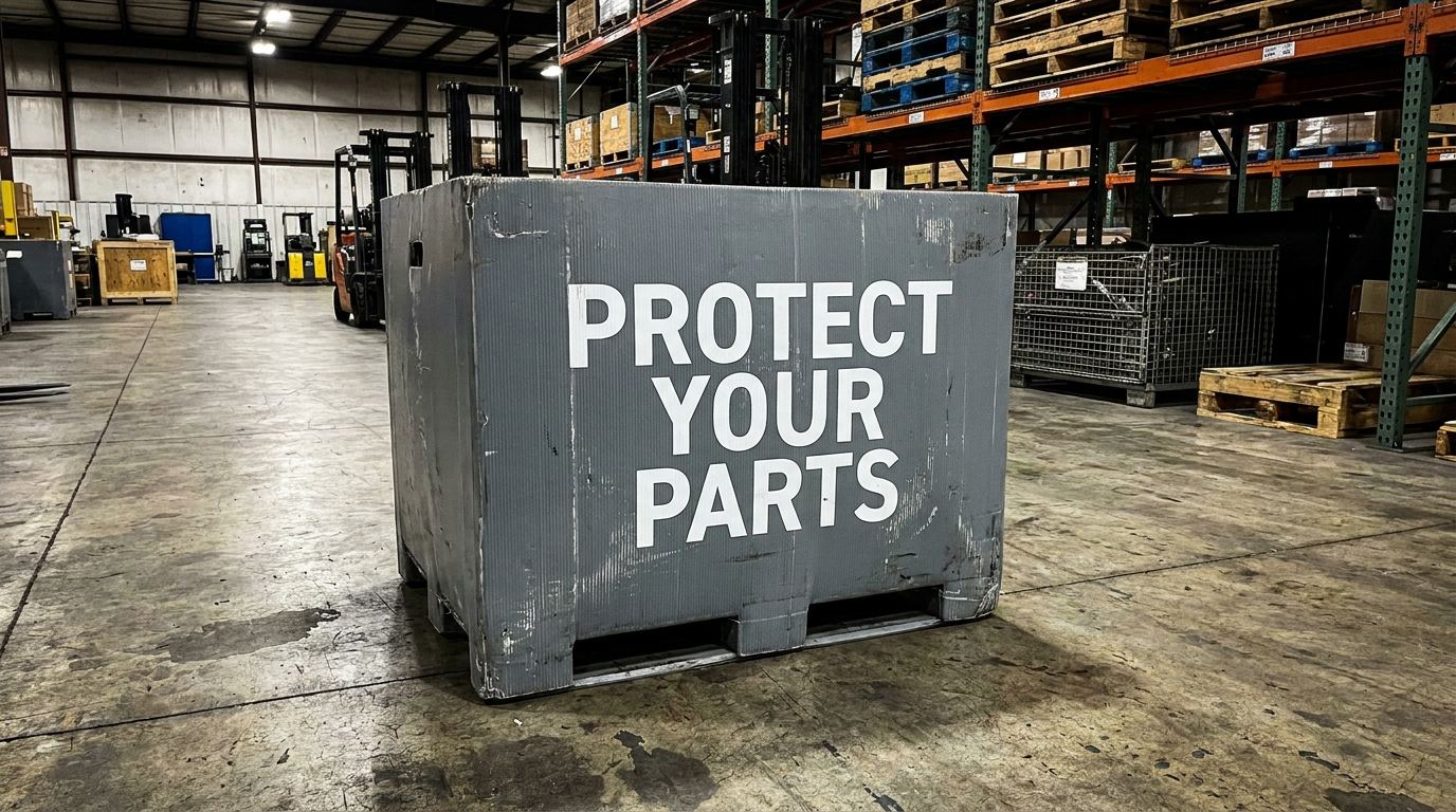 Custom corrugated plastic bulk container with protect your parts label in industrial warehouse