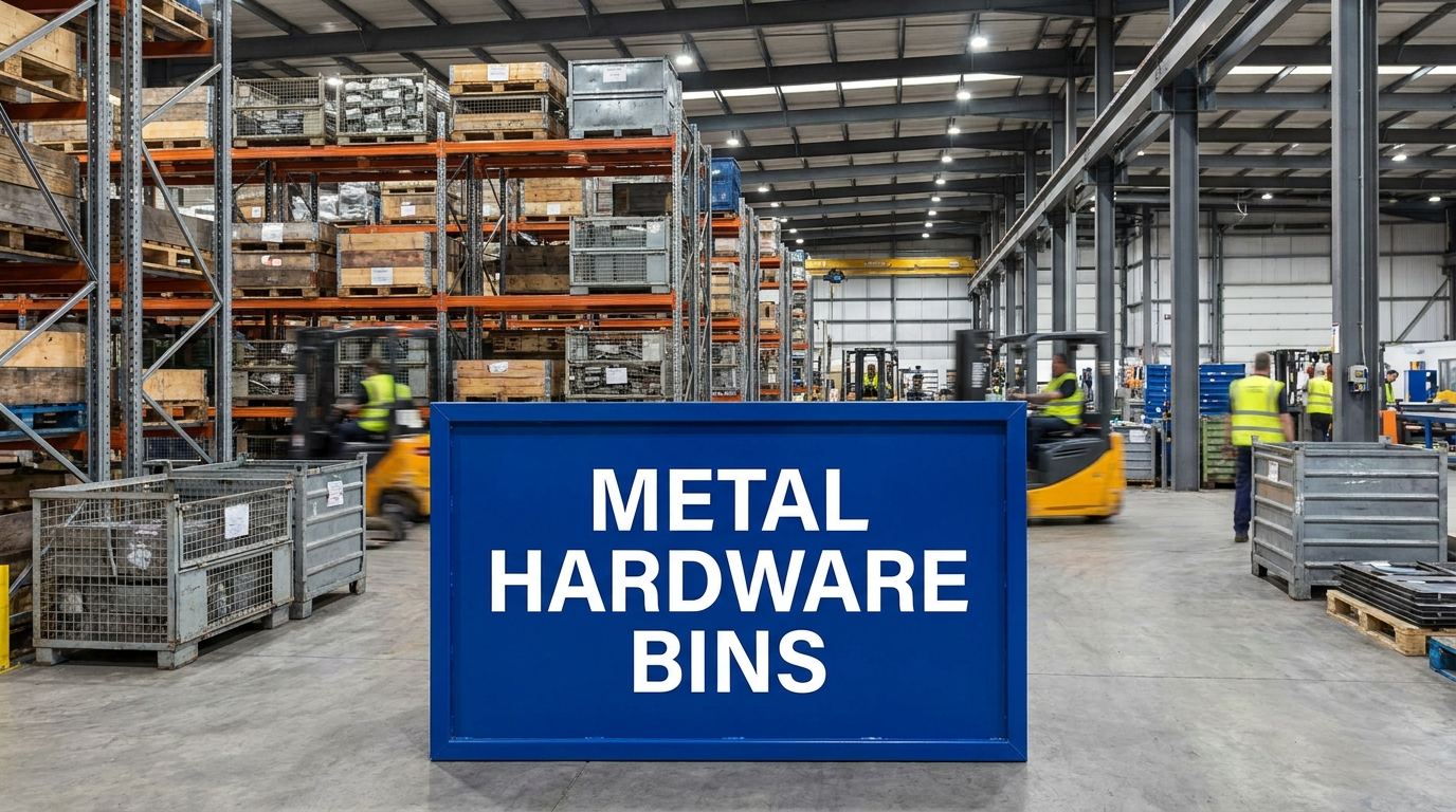 Metal hardware bins in a manufacturing warehouse environment
