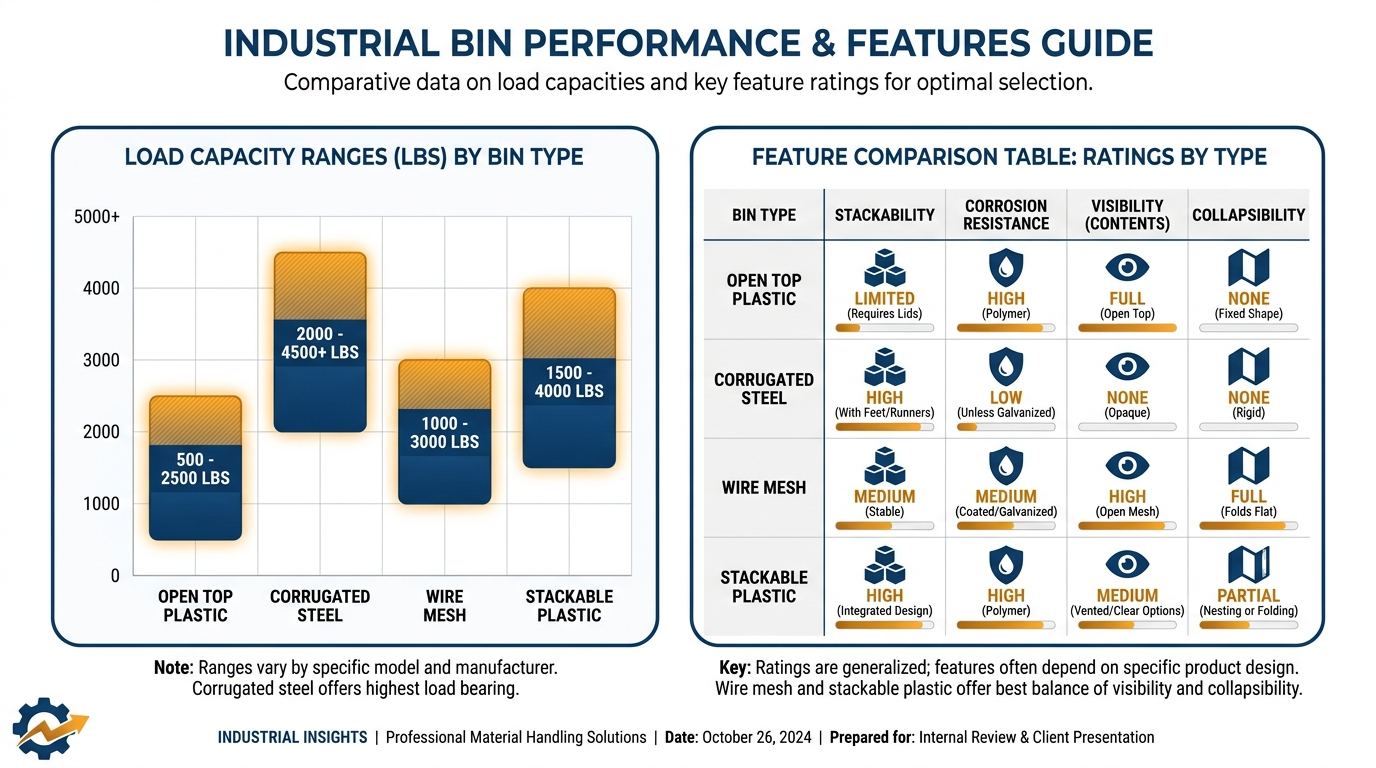 Infographic comparing types of metal hardware bins by load capacity and features