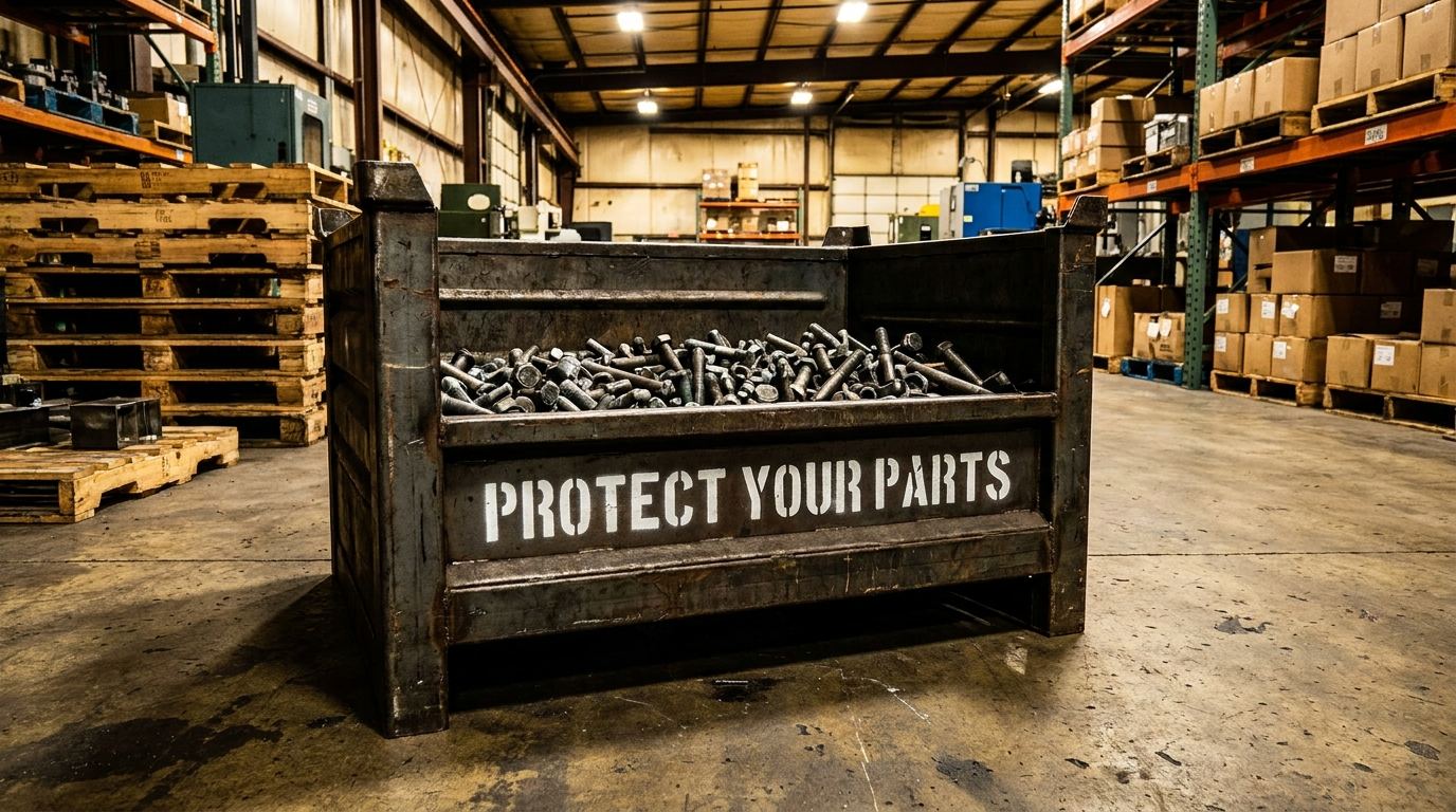 Custom metal hardware bin with Protect Your Parts label in warehouse setting