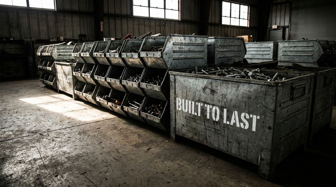 Stackable metal hardware bins with Built to Last label in warehouse