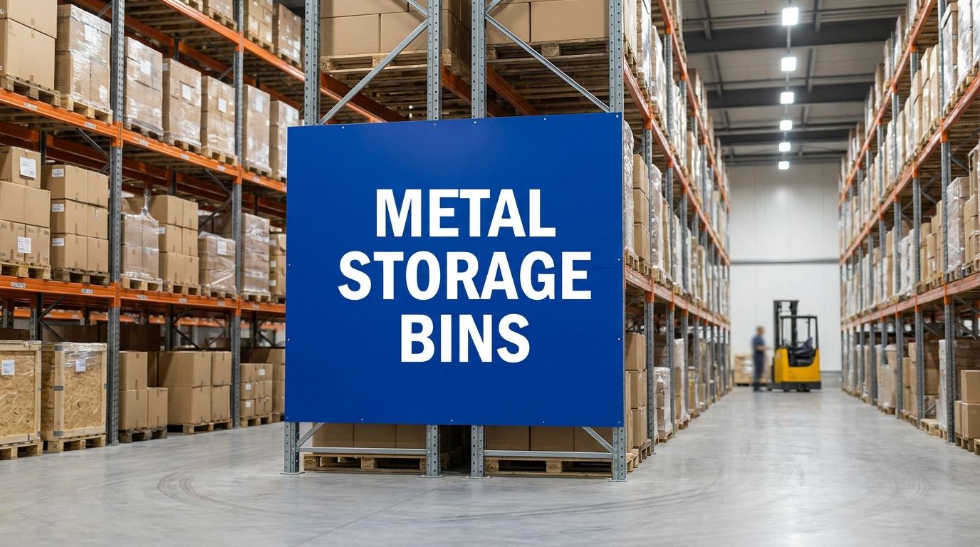 Metal storage bins sign in an industrial warehouse facility