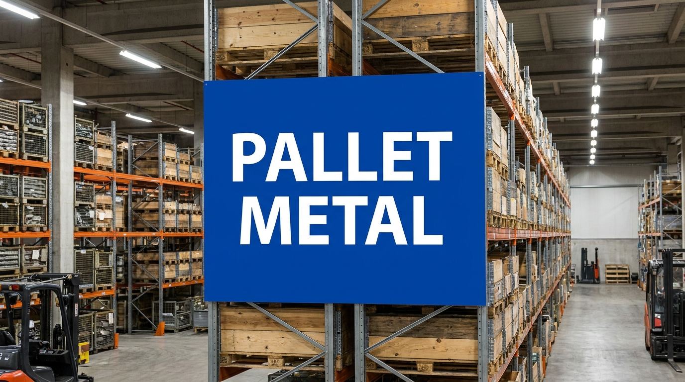 Pallet metal sign in a warehouse setting