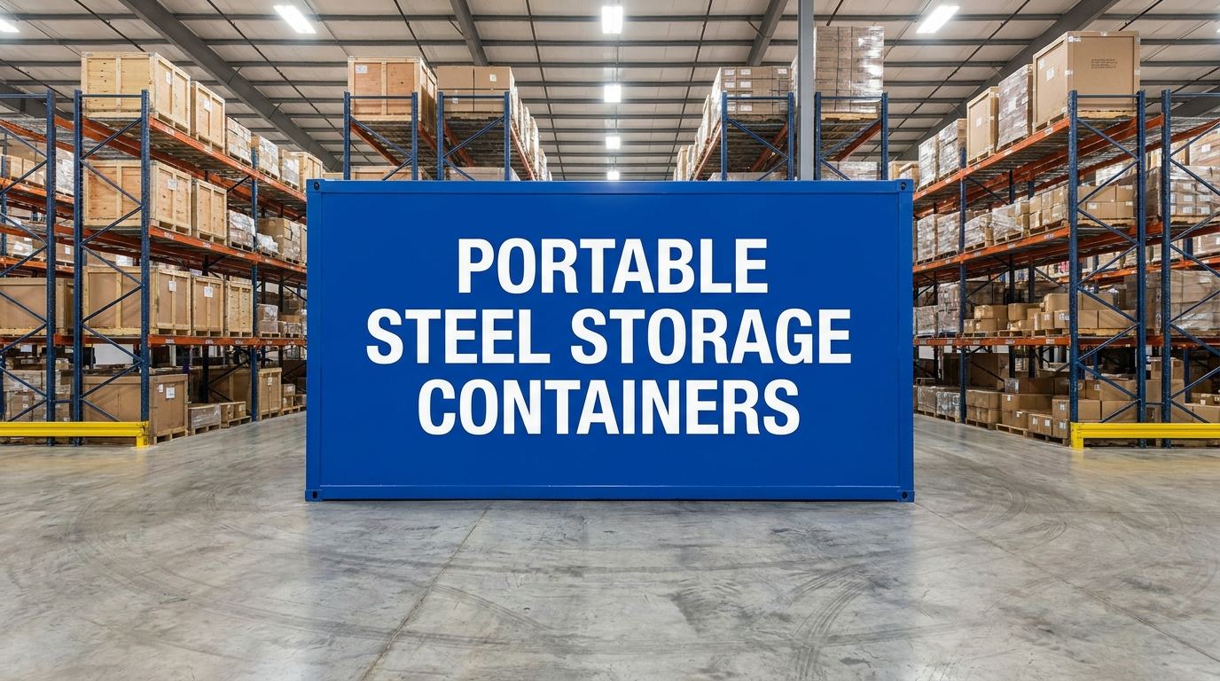 Portable steel storage containers guide sign in an industrial warehouse