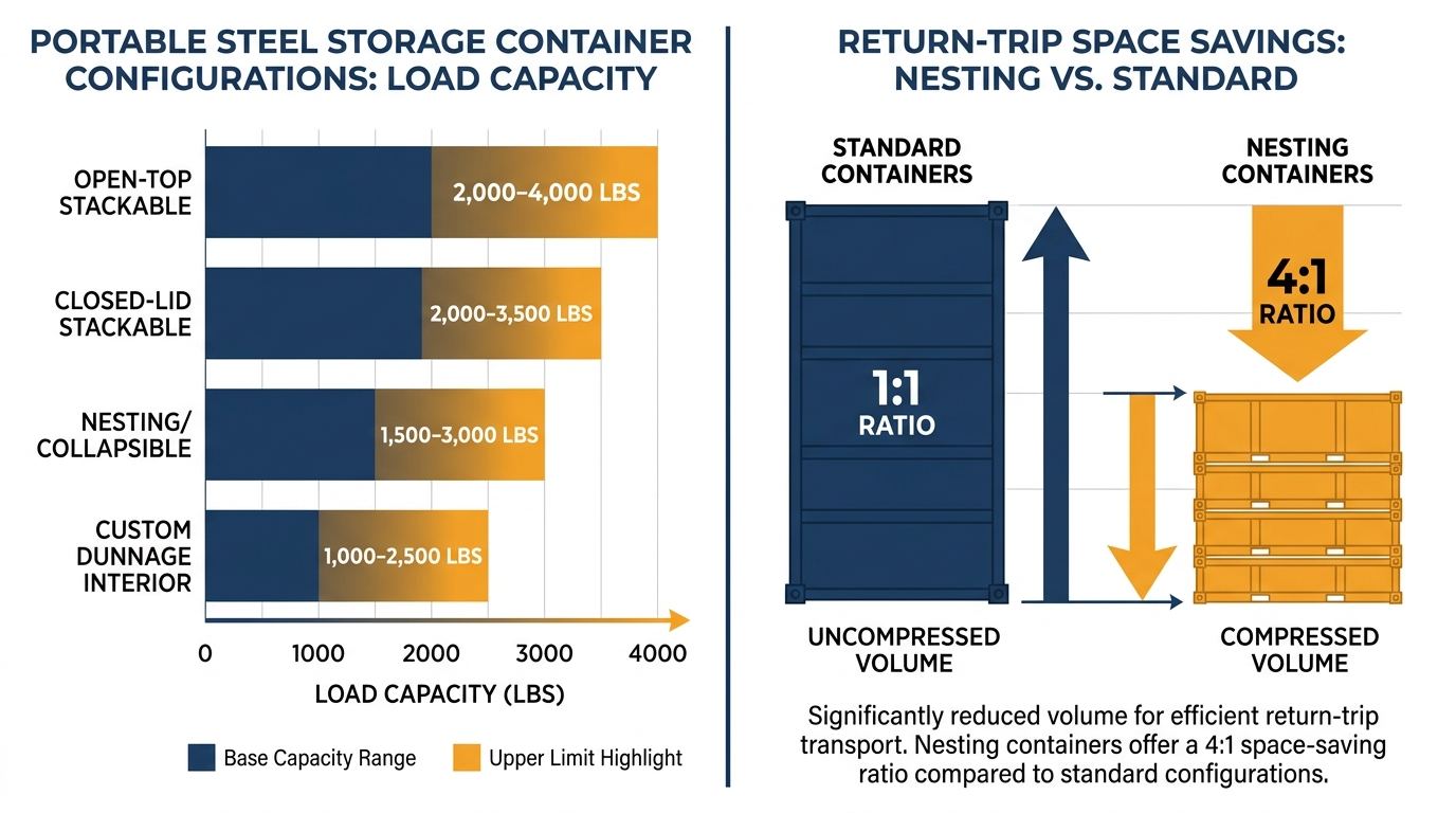 Infographic comparing portable steel storage container configurations by load capacity and space efficiency