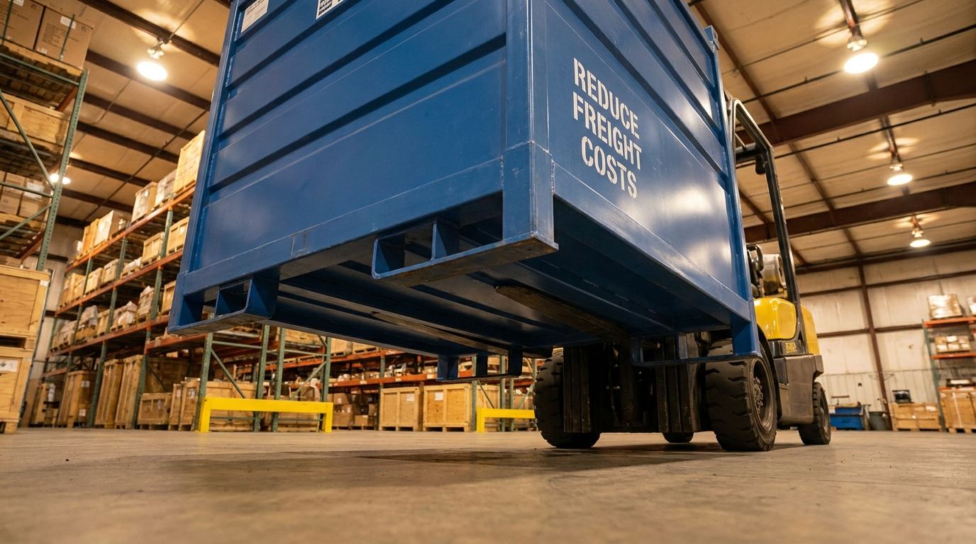 Forklift handling a portable steel storage container with REDUCE FREIGHT COSTS text, showing fork pocket detail
