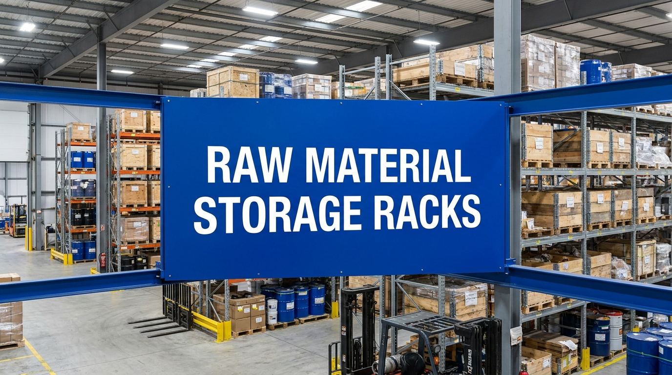 Raw material storage racks in a manufacturing warehouse facility