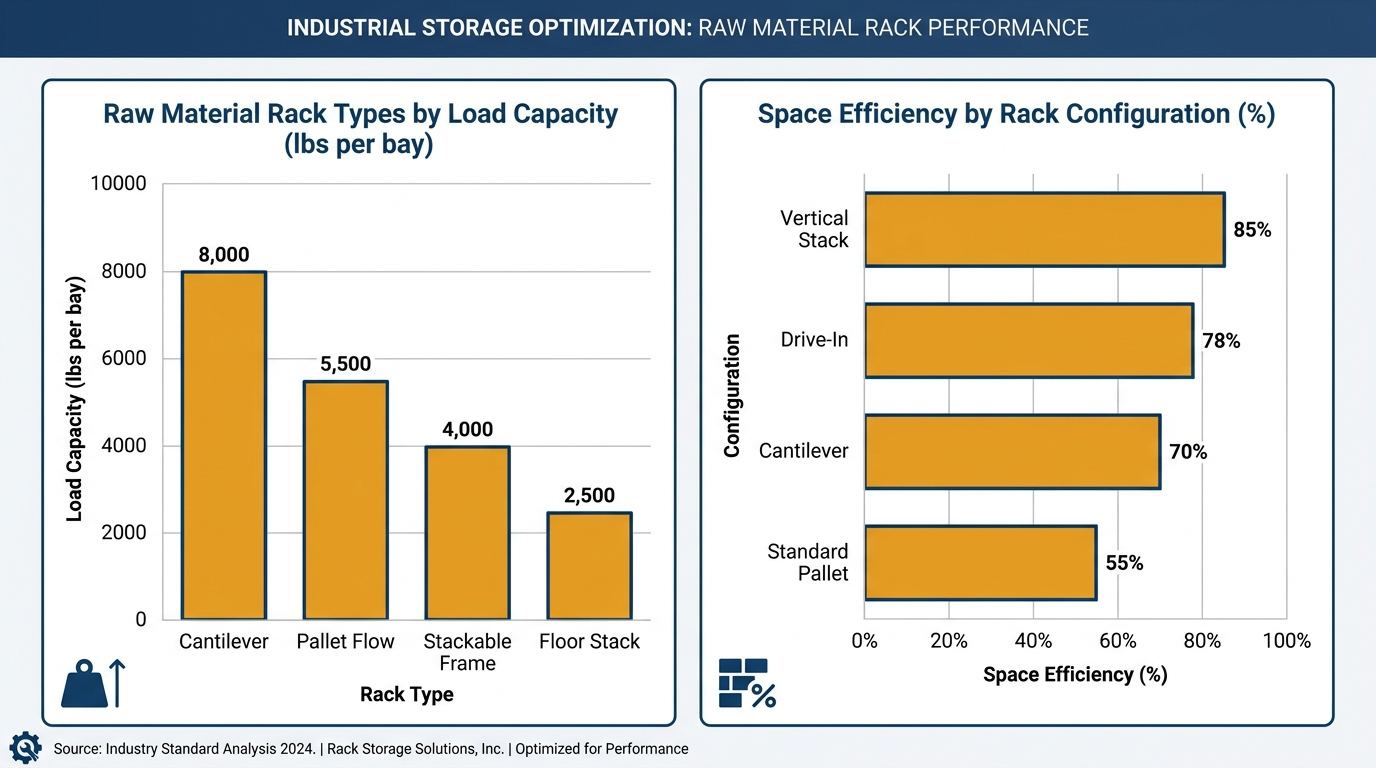 Infographic comparing types of raw material storage racks by storage density and key specifications