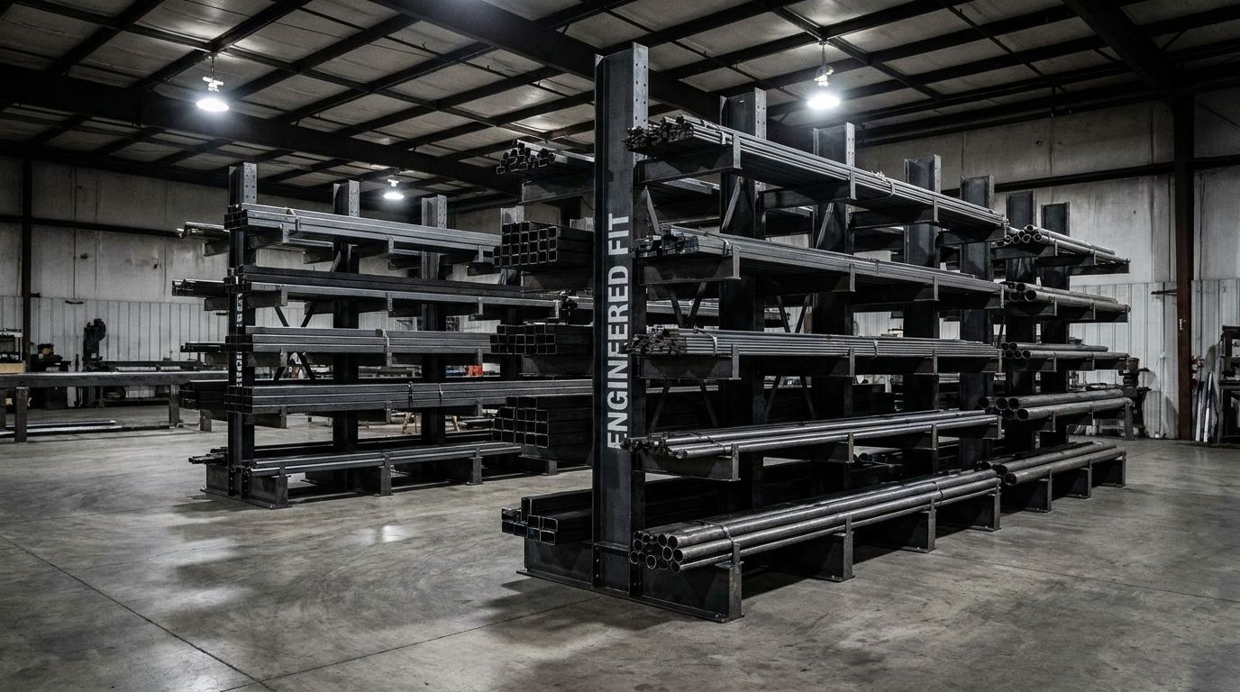 Custom raw material storage rack with engineered fit label on concrete warehouse floor