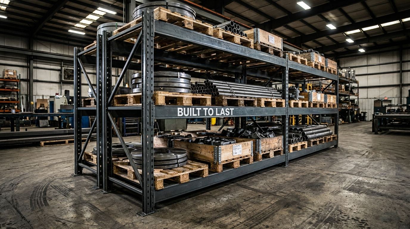Custom stacking raw material storage racks stacked two high with built to last label in warehouse
