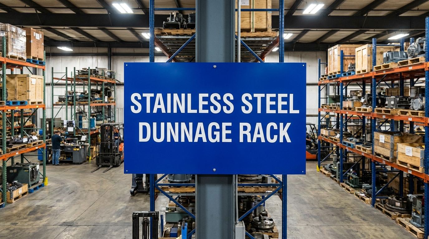 Stainless steel dunnage rack sign in a warehouse setting