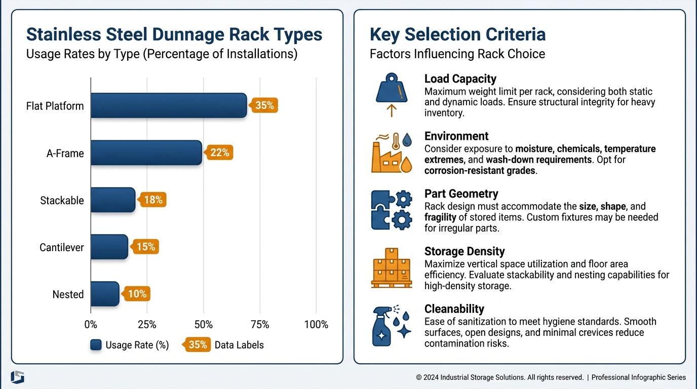 Infographic comparing types and selection criteria for stainless steel dunnage racks