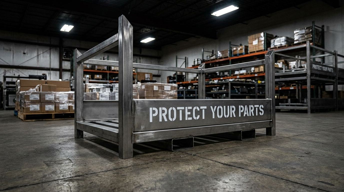 Custom stainless steel dunnage rack with Protect Your Parts text on surface in warehouse