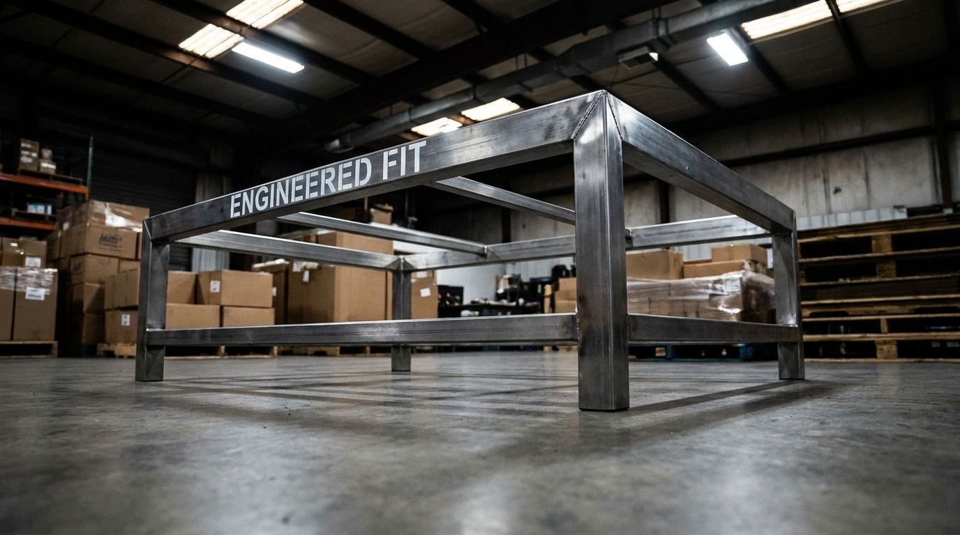 Stainless steel dunnage rack with Engineered Fit text on surface in warehouse implementation setting