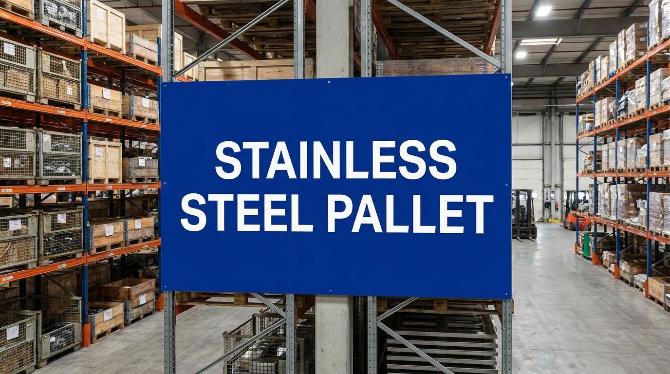 Stainless steel pallet guide sign in a warehouse setting