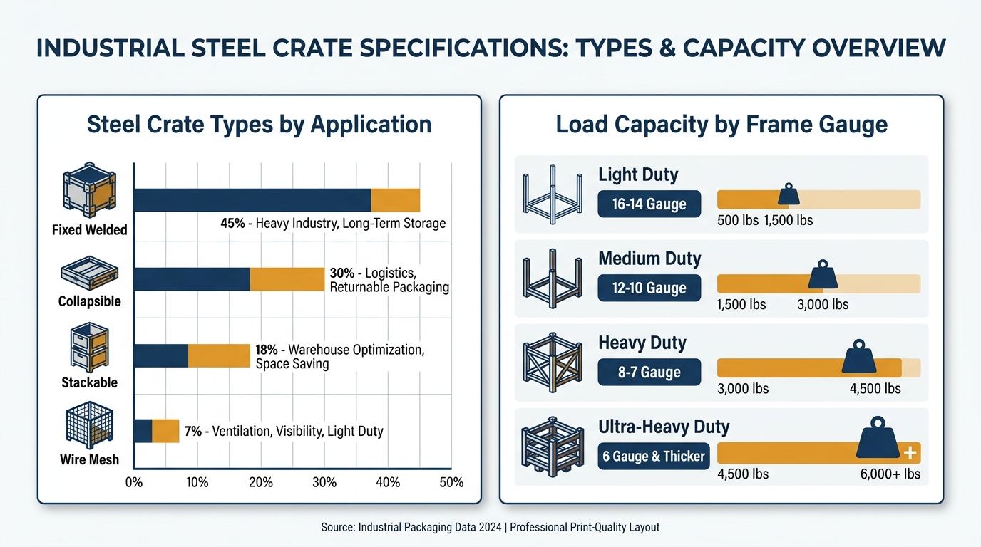 Infographic comparing steel crate types and load capacities for industrial storage applications