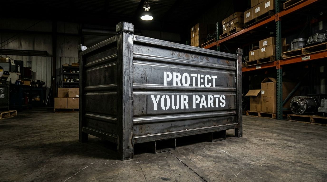 Custom steel crate for storage with PROTECT YOUR PARTS printed on the panel surface