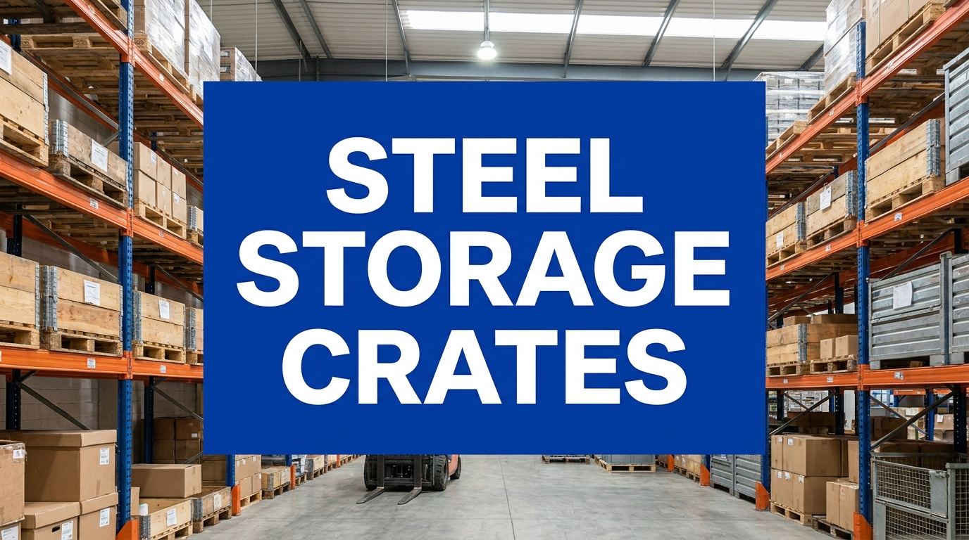 Steel storage crates sign in a warehouse setting