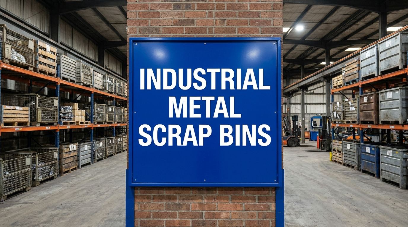 Industrial metal scrap bins sign in warehouse setting