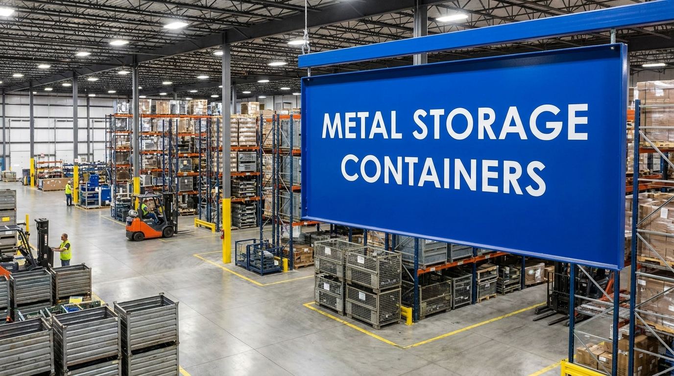 Metal storage containers sign in a warehouse facility