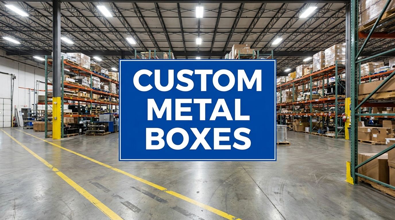 Custom metal boxes sign in a warehouse setting