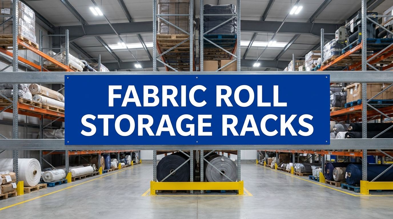 Fabric roll storage racks sign in a warehouse setting