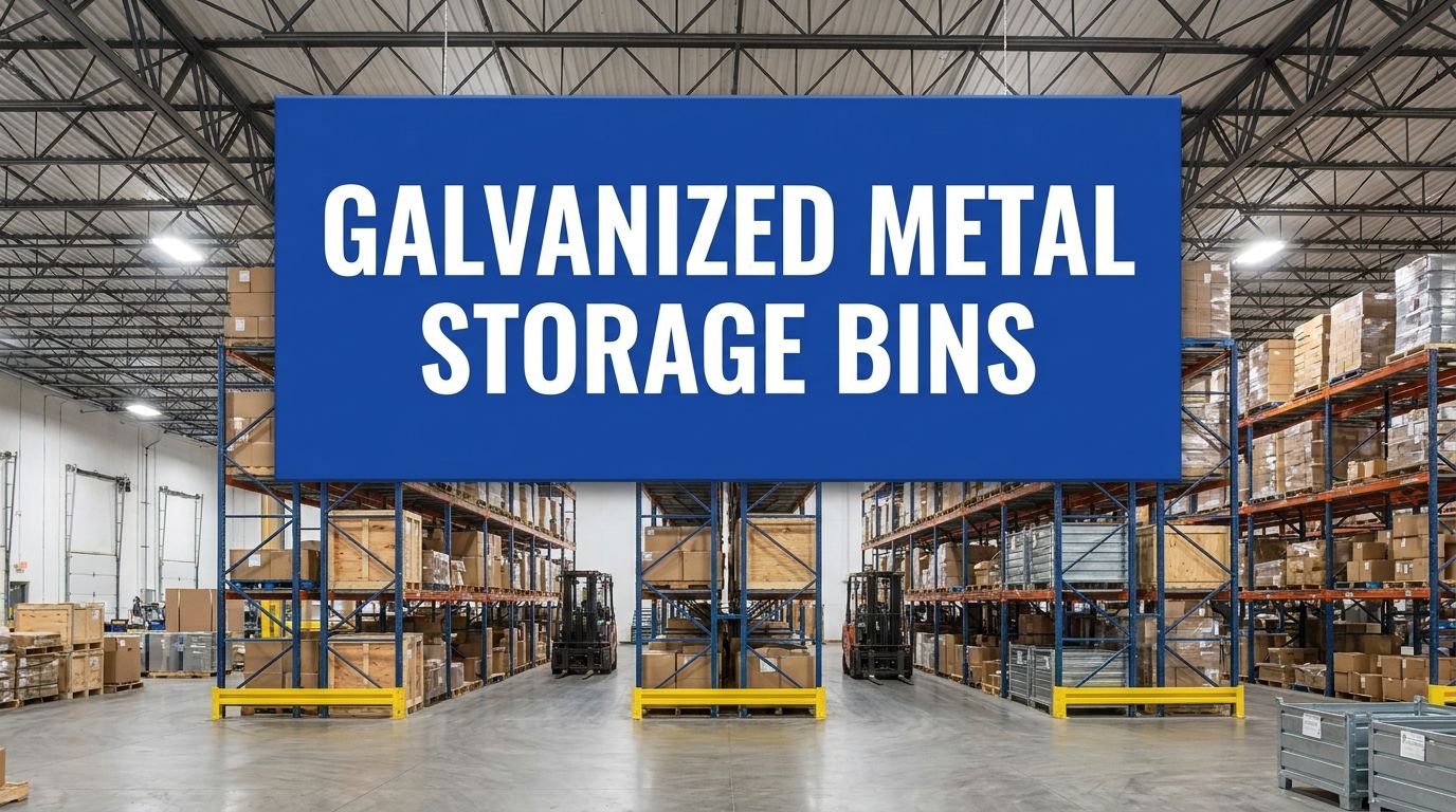 Galvanized metal storage bins in an industrial warehouse setting