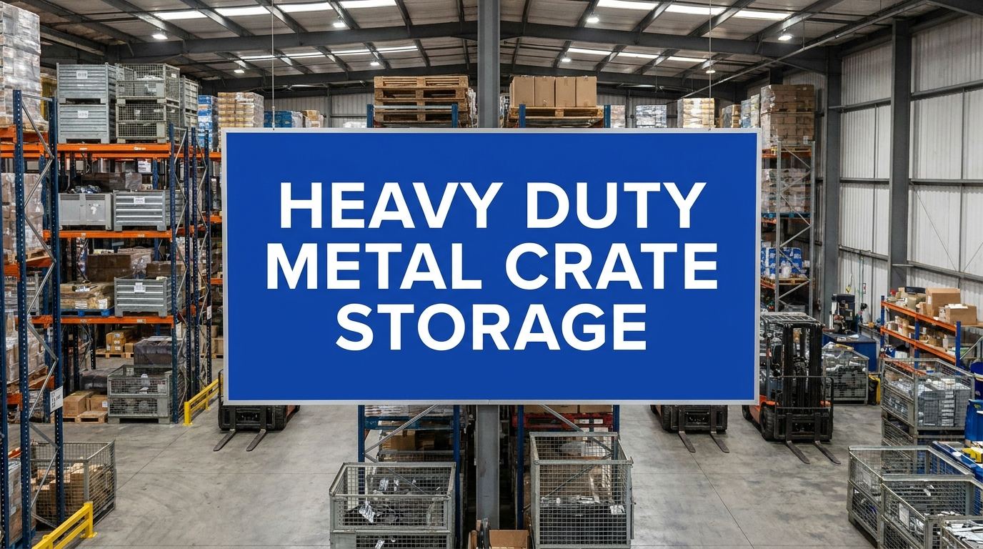 Heavy duty metal crate storage in a manufacturing warehouse facility