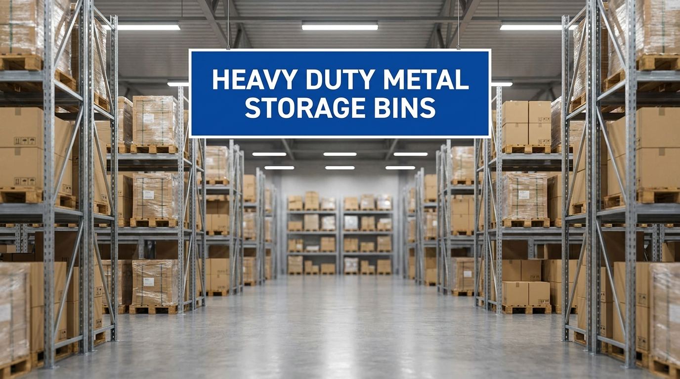 Heavy duty metal storage bins signage in an industrial warehouse facility